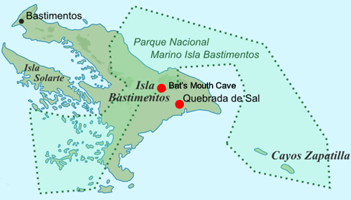 Karta över Bastimentos med Salt Creek Village och Bat's Mouth grottan utmarkerade